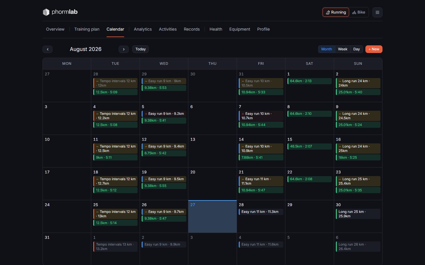 The calendar for a month: the planned session and the run that answered it, on the same day.