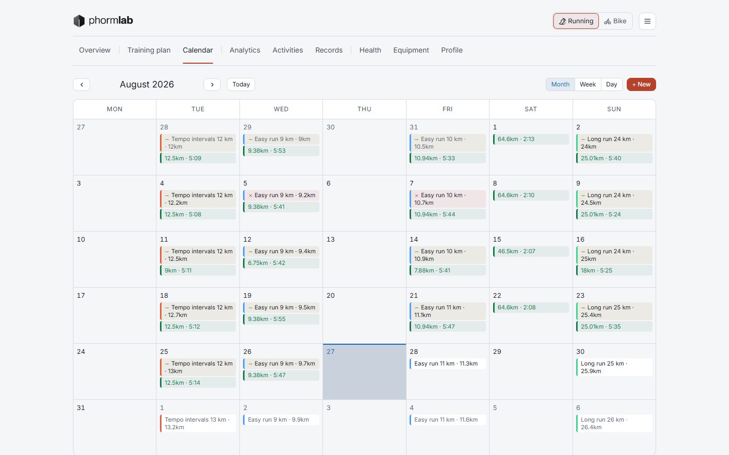 The calendar for a month: the planned session and the run that answered it, on the same day.